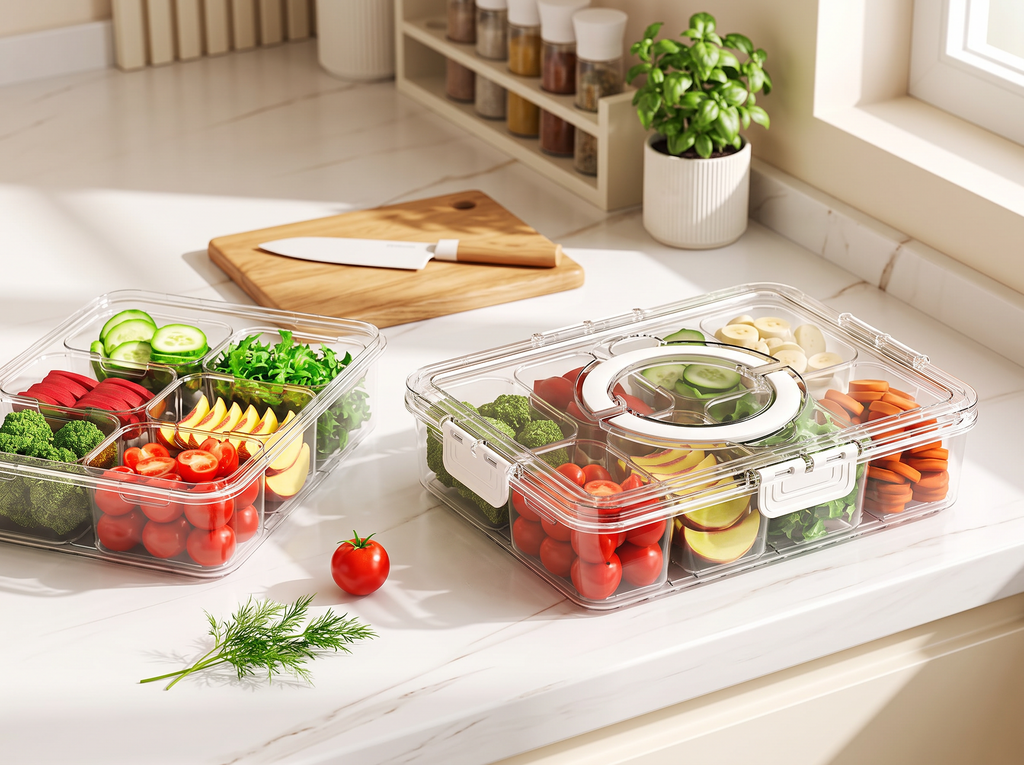 Divided Serving Tray with Lid for Snacks, Fruit, or Fridge Organization in a realistic home setting