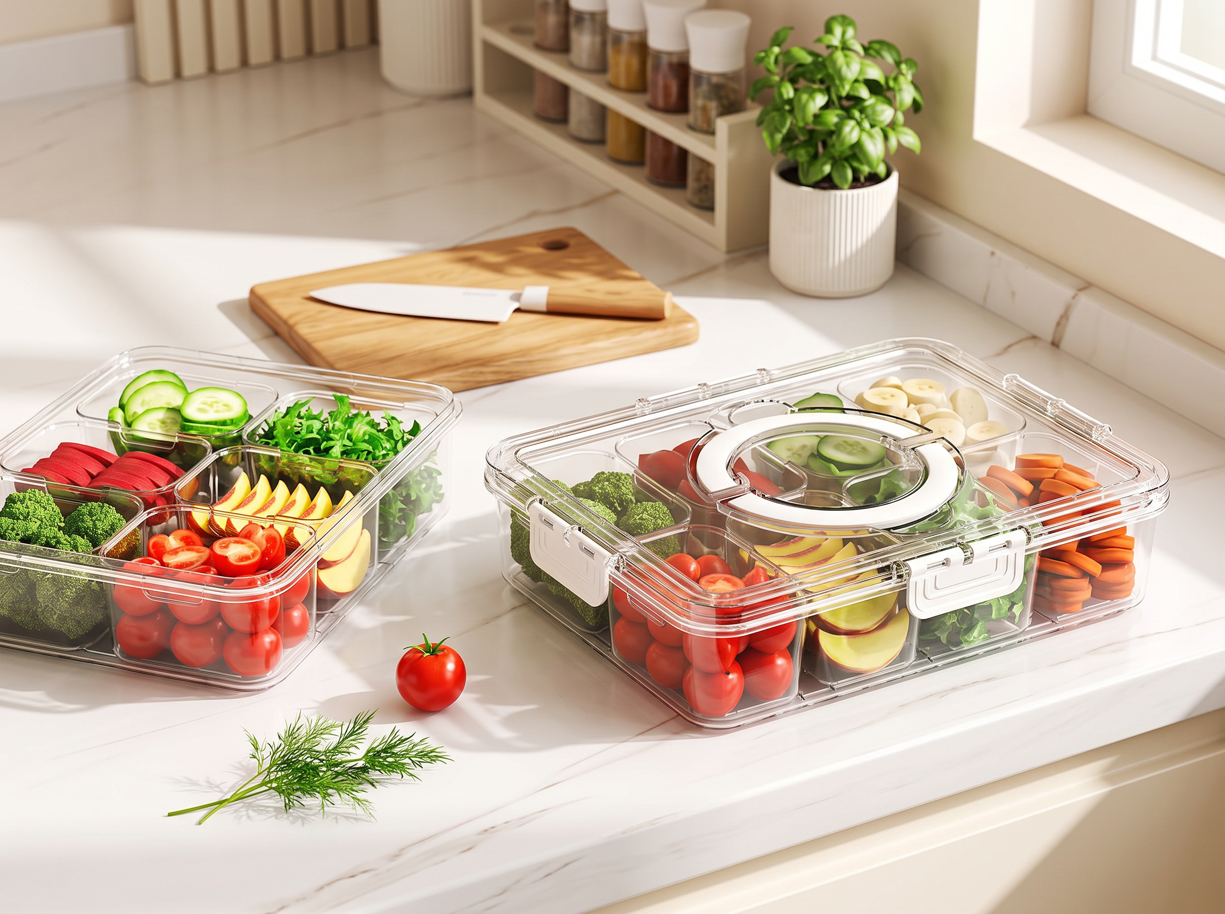 Divided Serving Tray with Lid for Snacks, Fruit, or Fridge Organization in a realistic home setting
