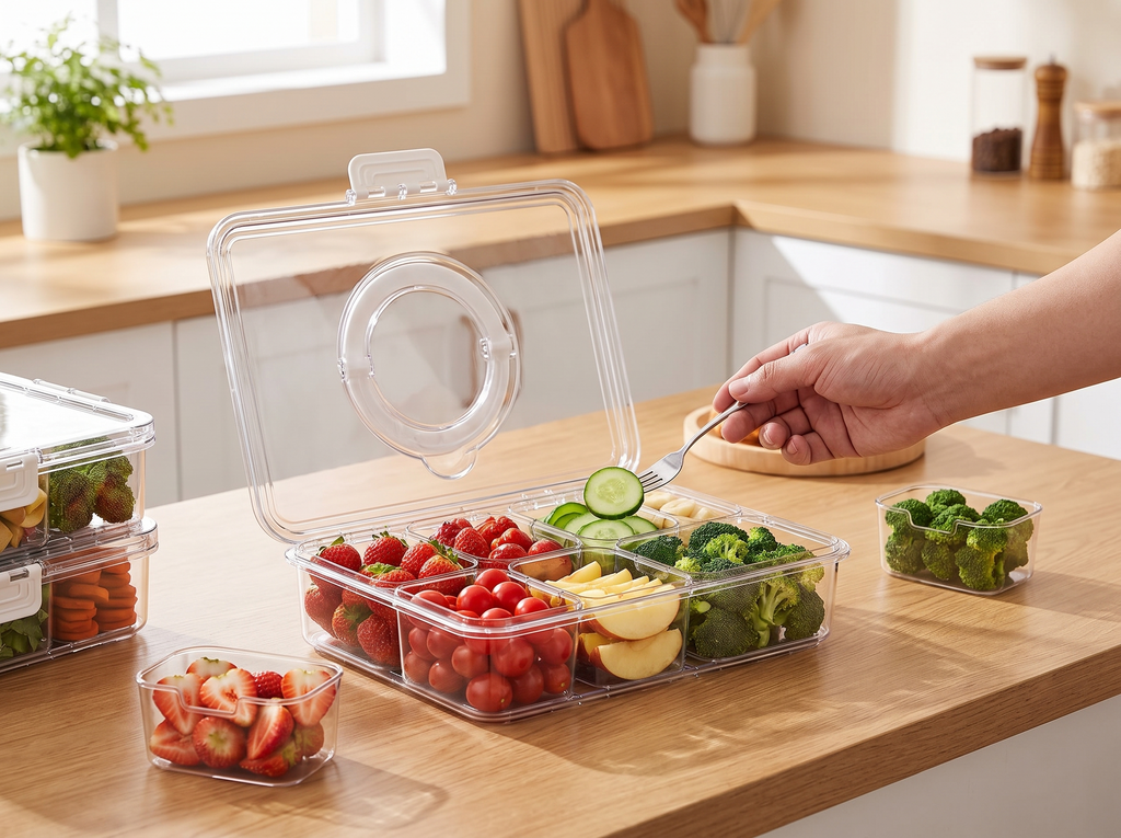 Divided Serving Tray with Lid for Snacks, Fruit, or Fridge Organization shown in natural everyday use at home