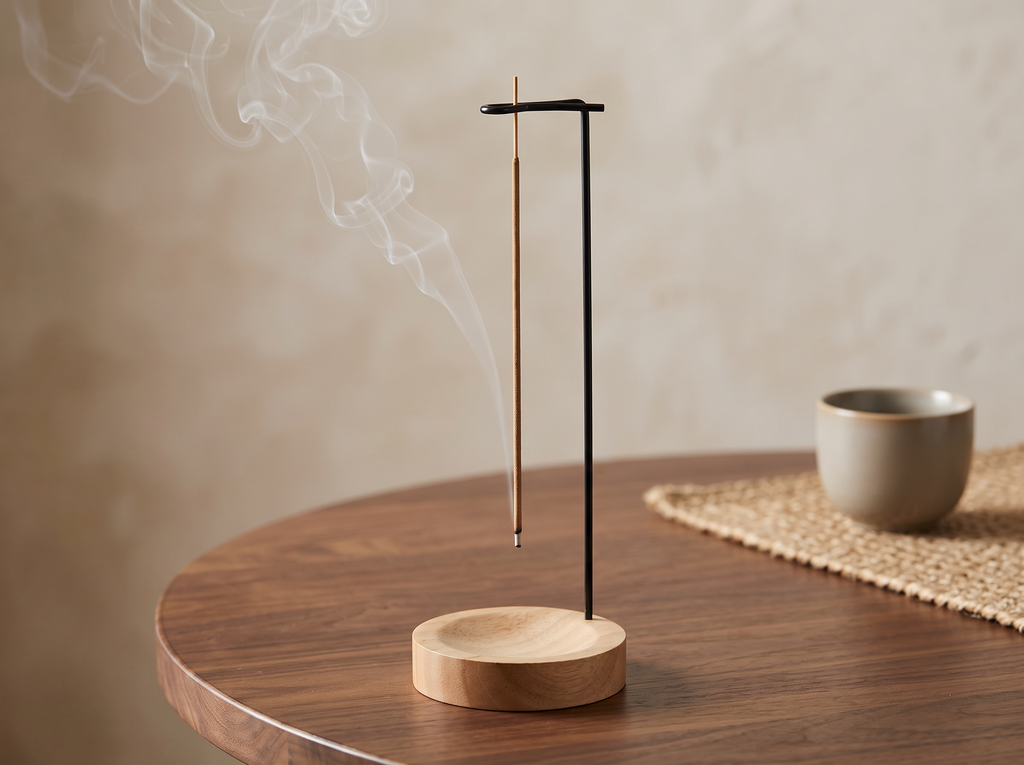 Wooden Incense Stick Holder with Round Tray for Calm Spaces in a realistic home setting