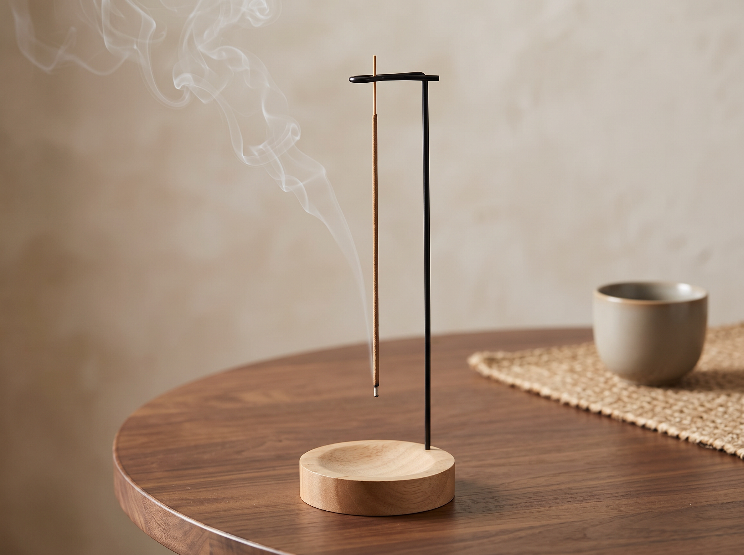 Wooden Incense Stick Holder with Round Tray for Calm Spaces in a realistic home setting