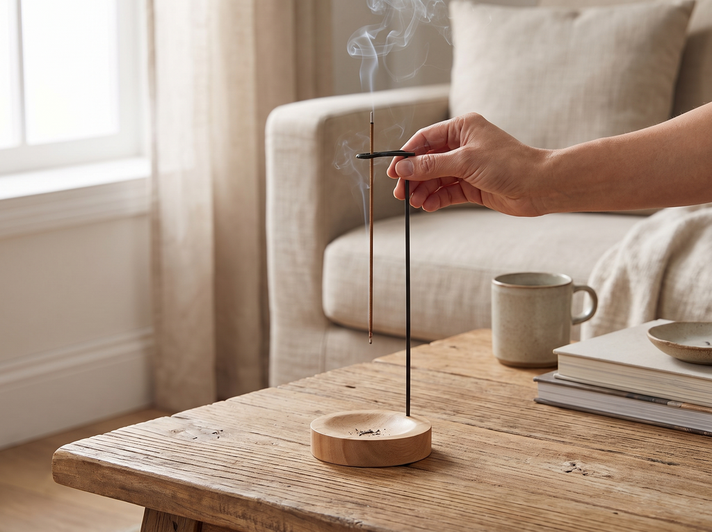 Wooden Incense Stick Holder with Round Tray for Calm Spaces shown in natural everyday use at home