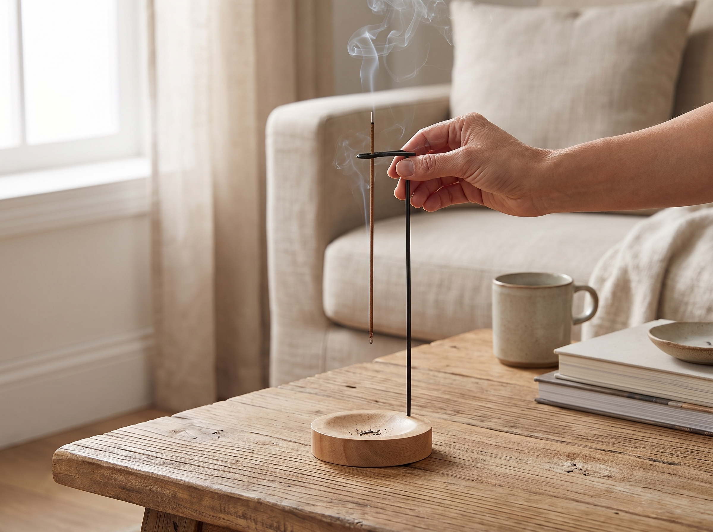 Wooden Incense Stick Holder with Round Tray for Calm Spaces shown in natural everyday use at home