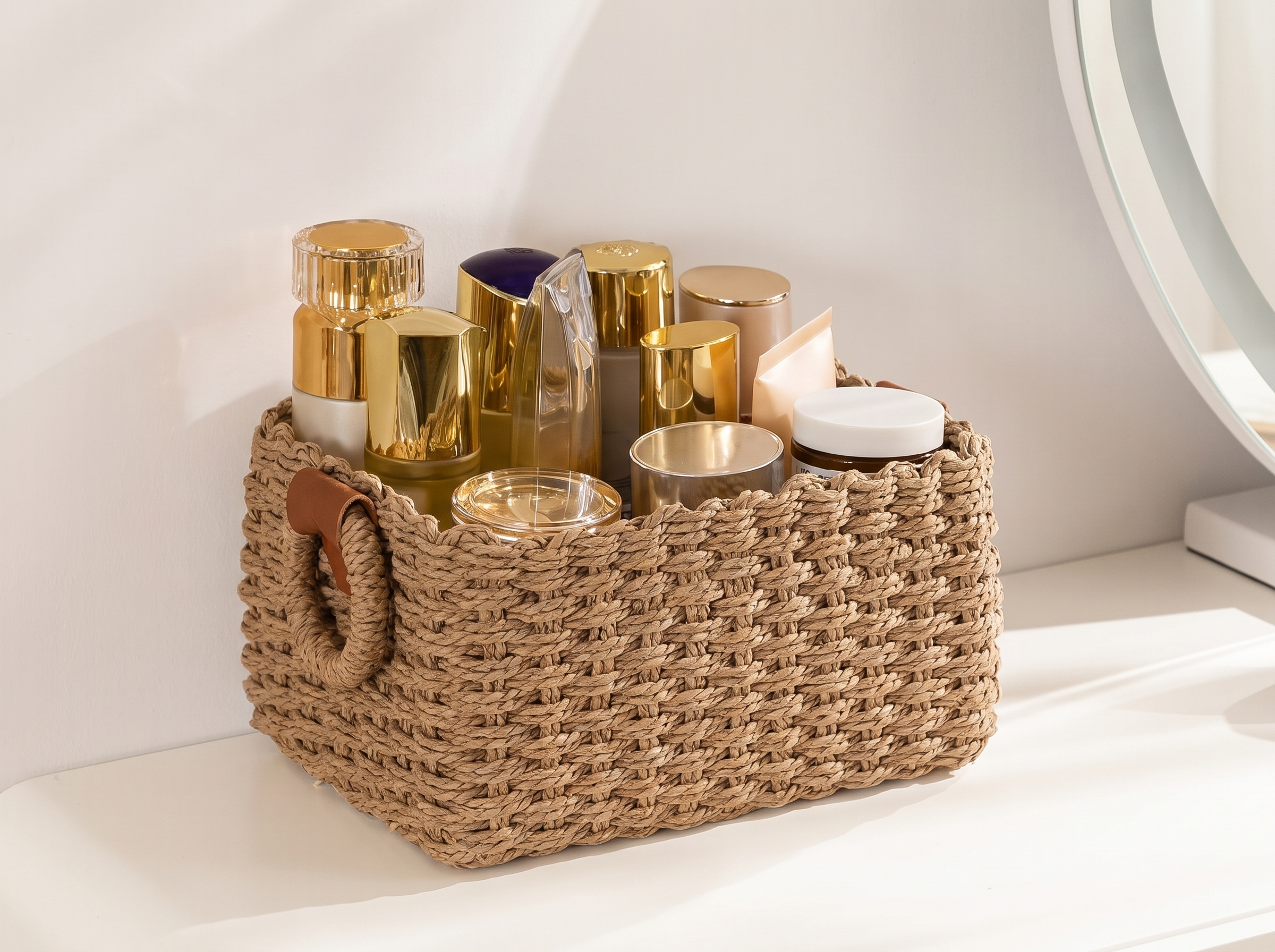 Handwoven Paper Rope Storage Basket for Vanity, Shelf, or Desk in a realistic home setting