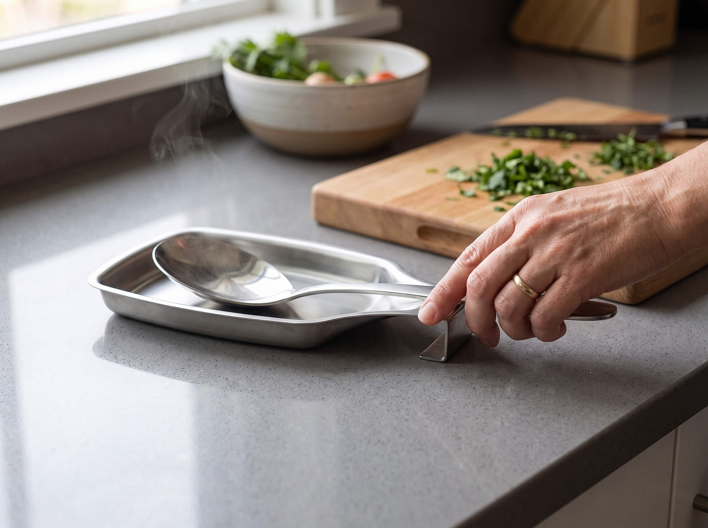 Stainless Steel Spoon Rest for Kitchen Counters & Stovetops shown in natural everyday use at home
