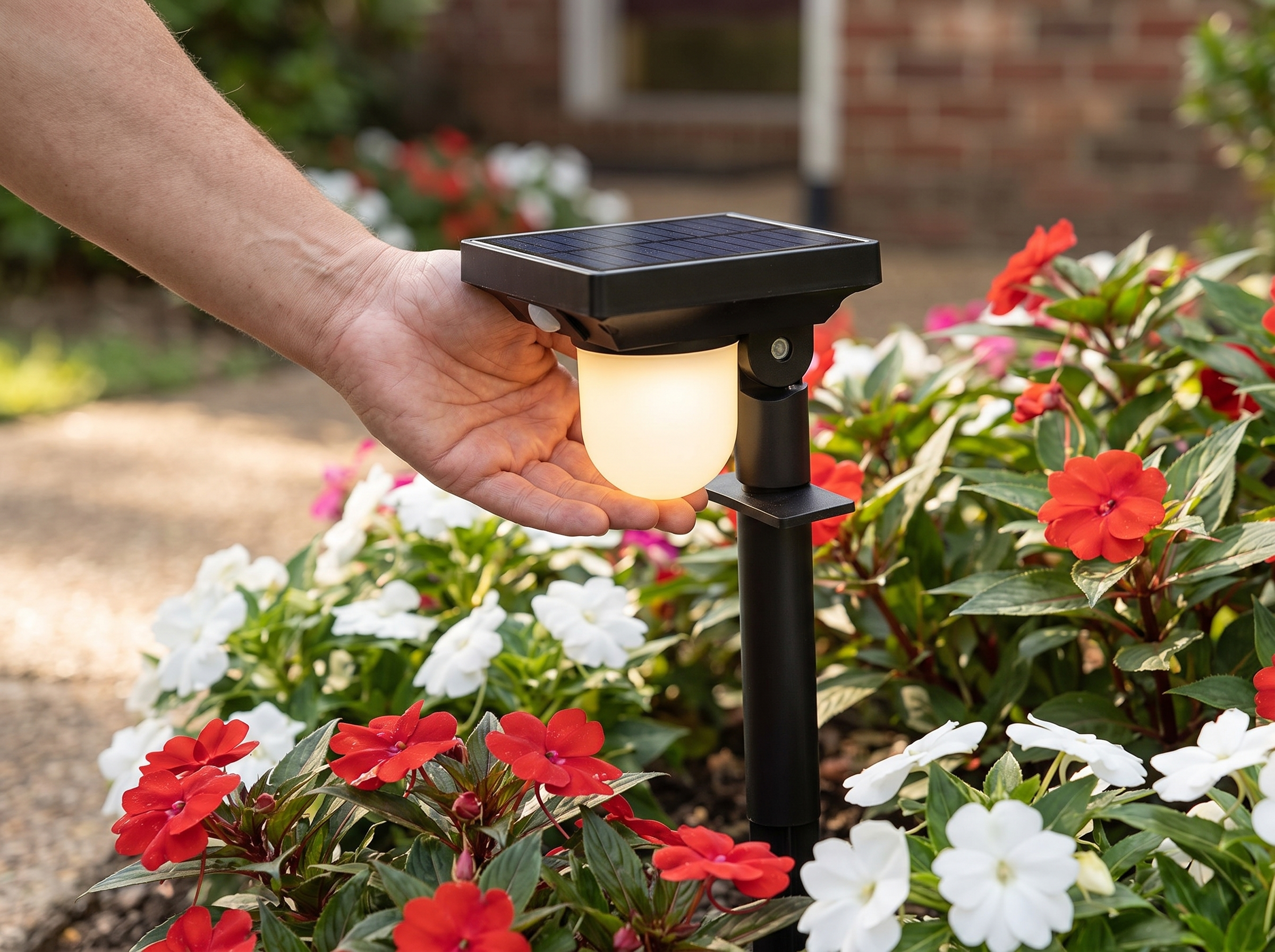 Solar Powered Outdoor Pathway & Wall Light with Motion Sensor shown in natural everyday use at home