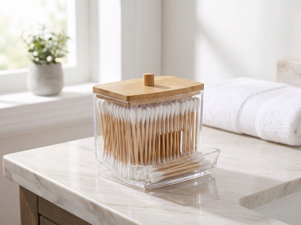 Clear Cotton Swab & Pad Holder with Lid for Bathroom and Vanity in a realistic home setting