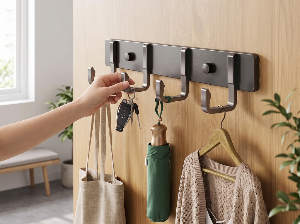 Aluminum Wall Hooks for Entryway, Closet, or Bathroom Organization shown in natural everyday use at home
