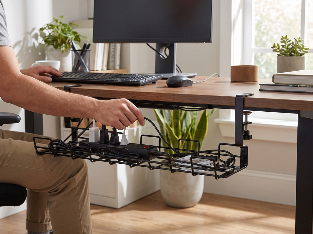 Under Desk Cable Management Tray – No-Drill Metal Cable Organizer shown in natural everyday use at home