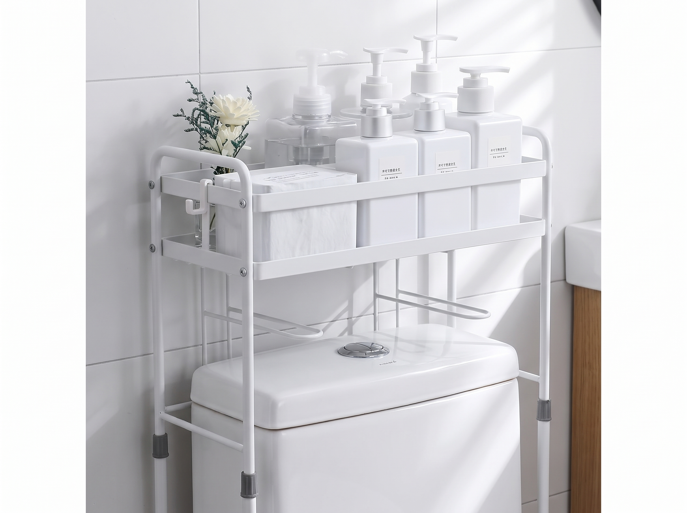 Over-the-Toilet Metal Storage Shelf for Bathroom Organization in a realistic home setting