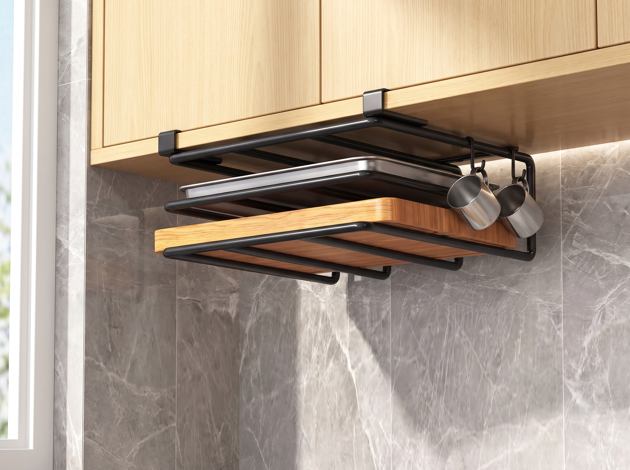 Under Cabinet Metal Storage Rack with Hooks for Kitchen Organization in a realistic home setting