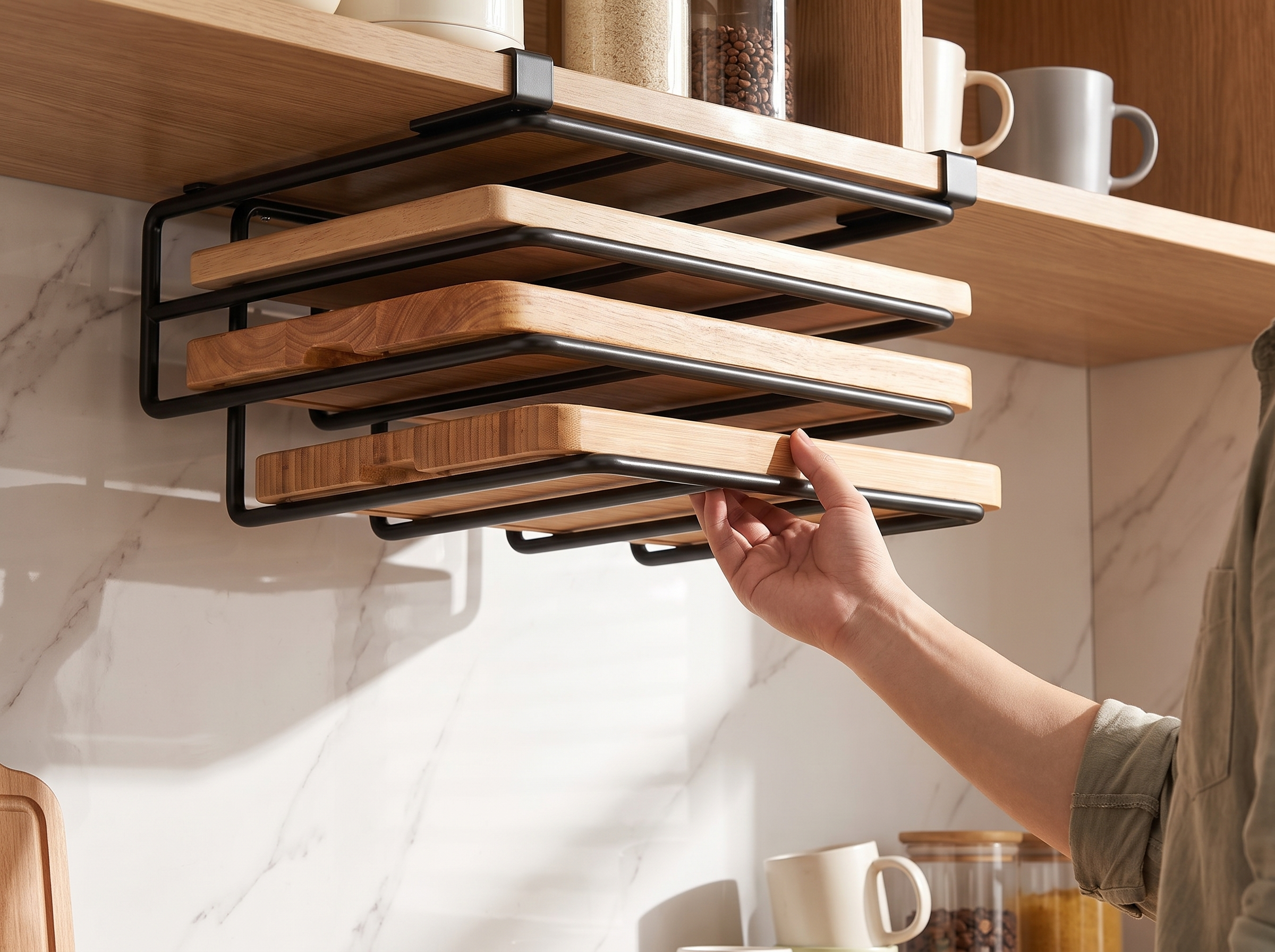 Under Cabinet Metal Storage Rack with Hooks for Kitchen Organization shown in natural everyday use at home