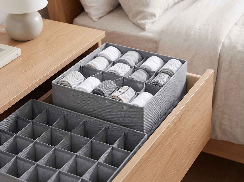 24-Cell Non-Woven Drawer Organizer for Socks, Underwear & Accessories in a realistic home setting