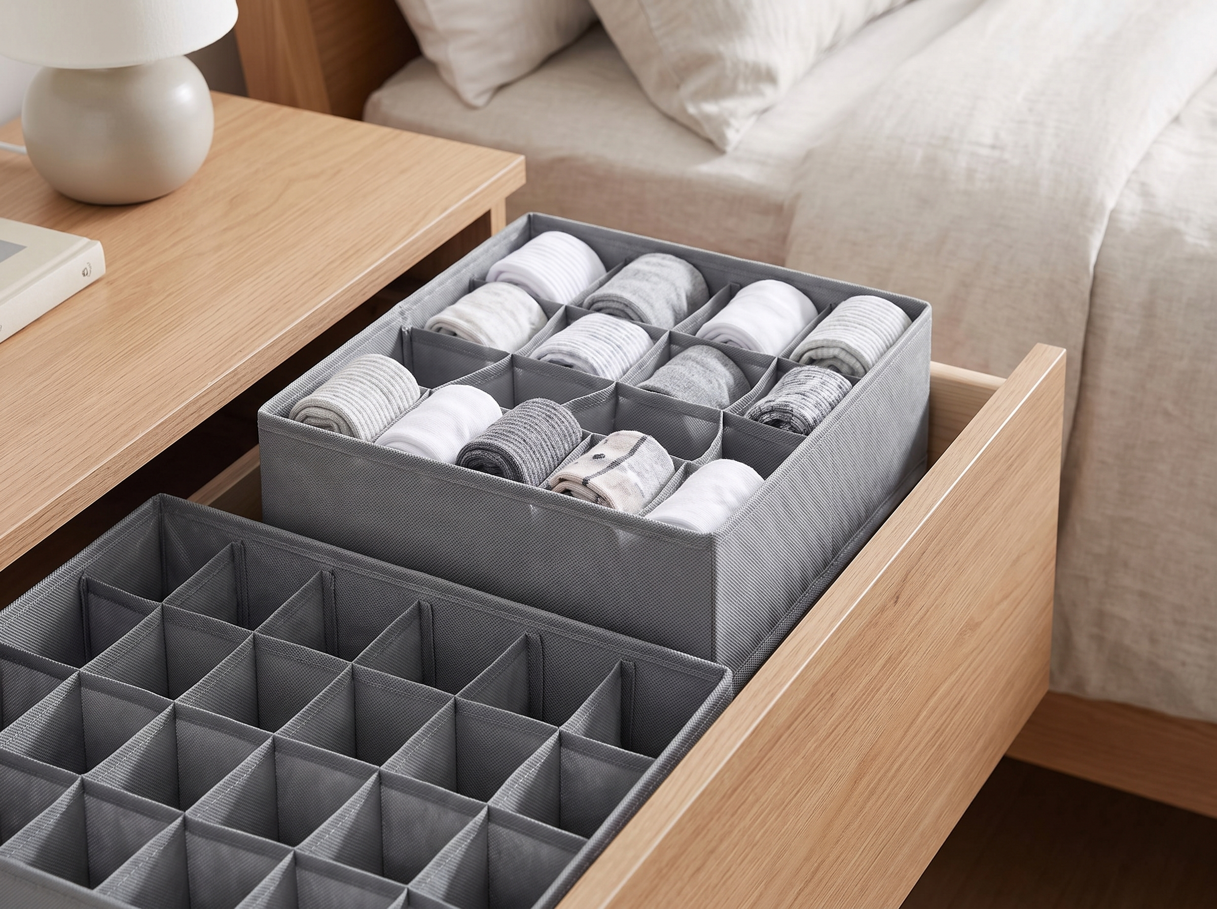 24-Cell Non-Woven Drawer Organizer for Socks, Underwear & Accessories in a realistic home setting