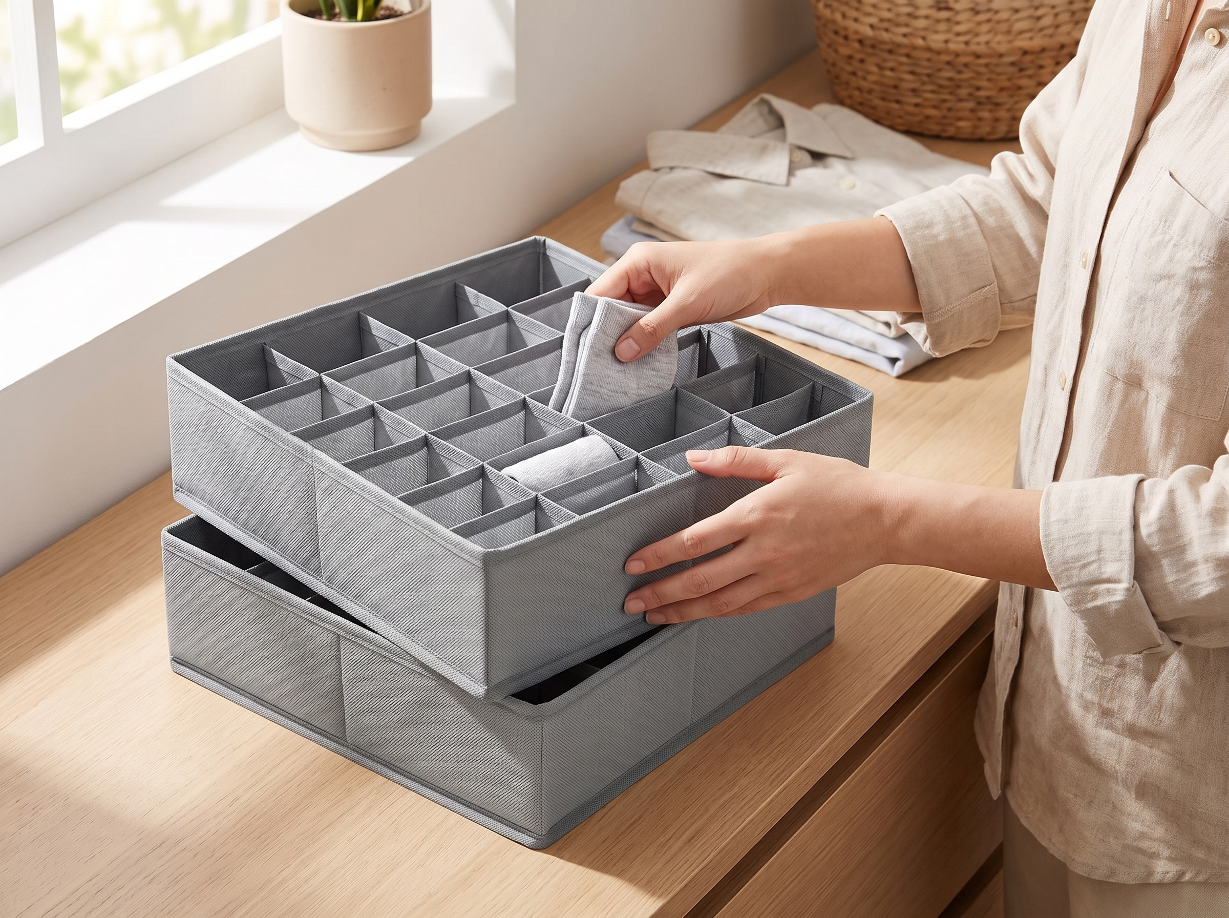 24-Cell Non-Woven Drawer Organizer for Socks, Underwear & Accessories shown in natural everyday use at home