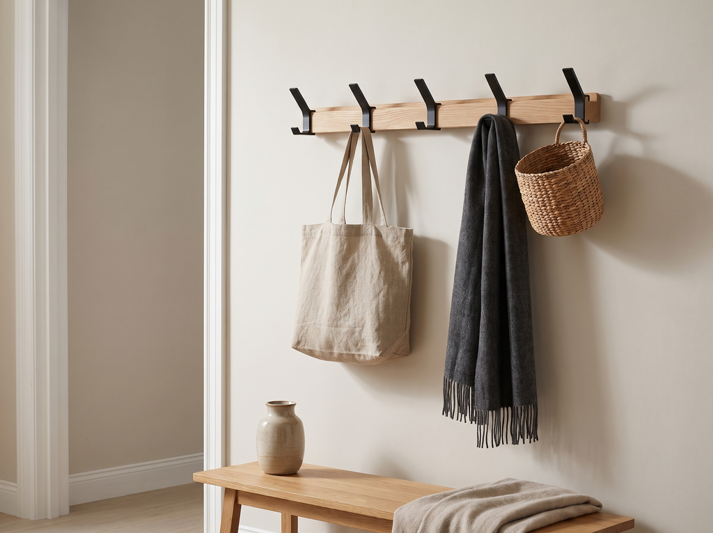 Wall Mounted Oak Coat Rack with 5 Movable Aluminum Hooks in a realistic home setting