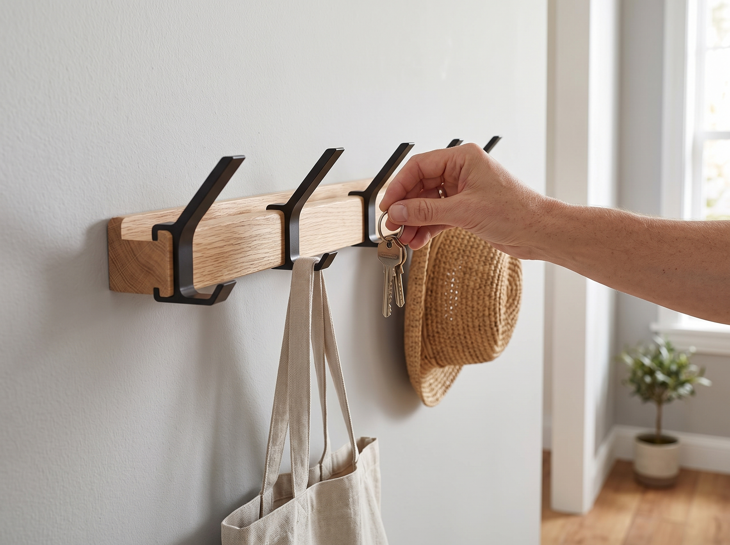 Wall Mounted Oak Coat Rack with 5 Movable Aluminum Hooks shown in natural everyday use at home