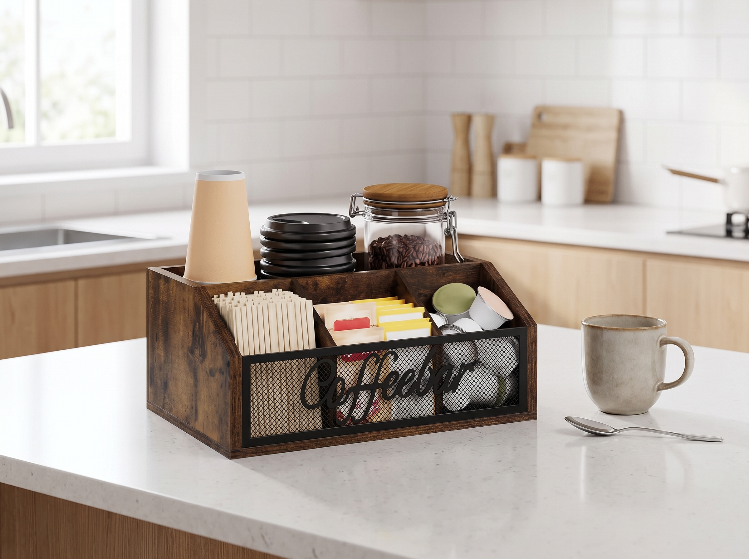 Wood & Metal Coffee Station Organizer for Countertops in a realistic home setting