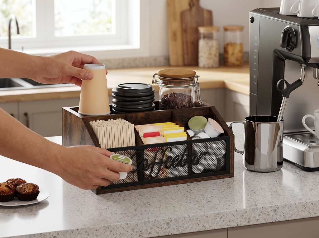 Wood & Metal Coffee Station Organizer for Countertops shown in natural everyday use at home