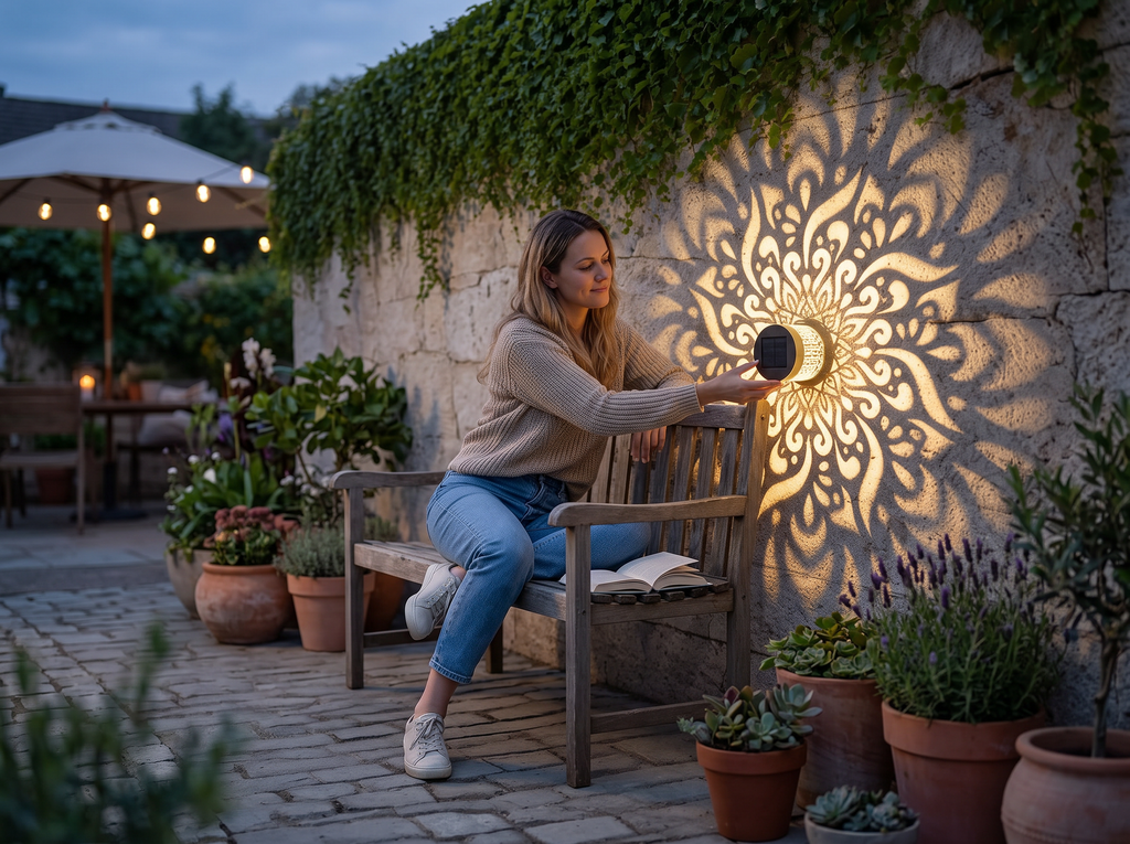 Solar Mandala Wall Lantern for Outdoor Garden and Patio Decor shown in natural everyday use at home