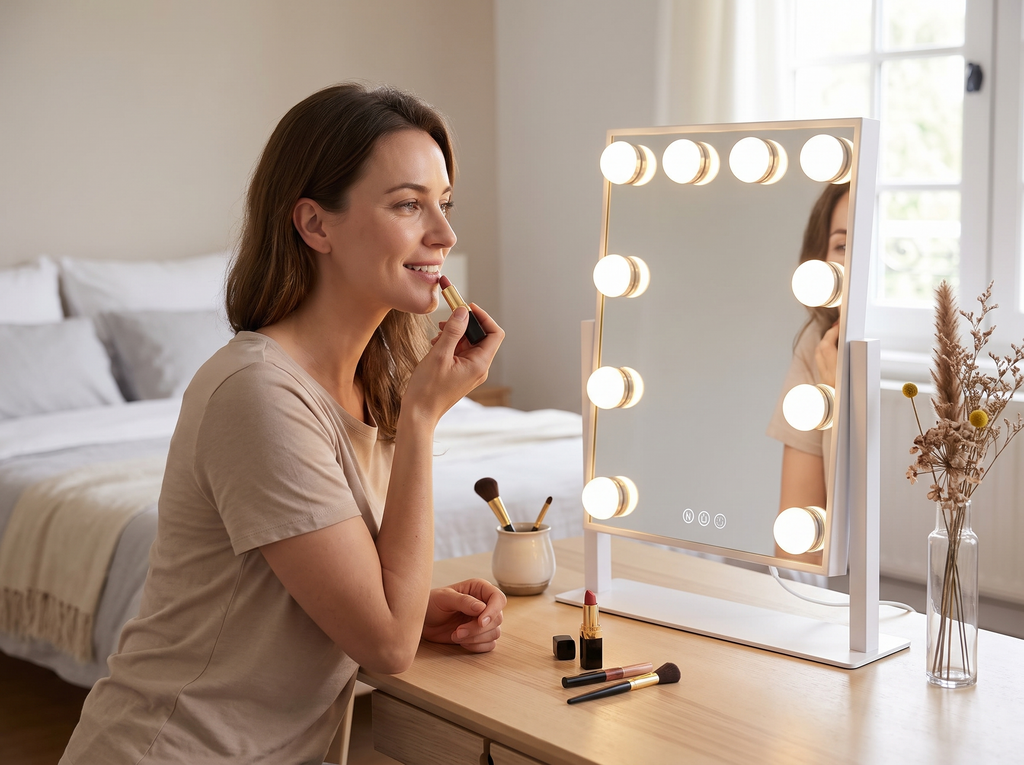 Vanity Mirror with Adjustable LED Lights for Bedroom or Dressing Table shown in natural everyday use at home