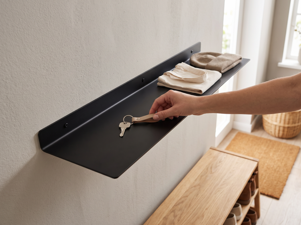 Black Metal Wall-Mounted Bathroom Shelf, Multiple Sizes shown in natural everyday use at home