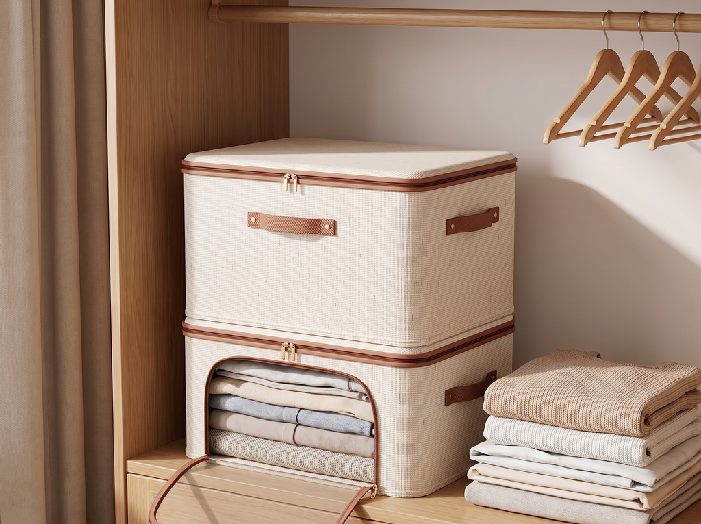 Foldable Zippered Storage Box with Lid for Closet & Bedroom in a realistic home setting