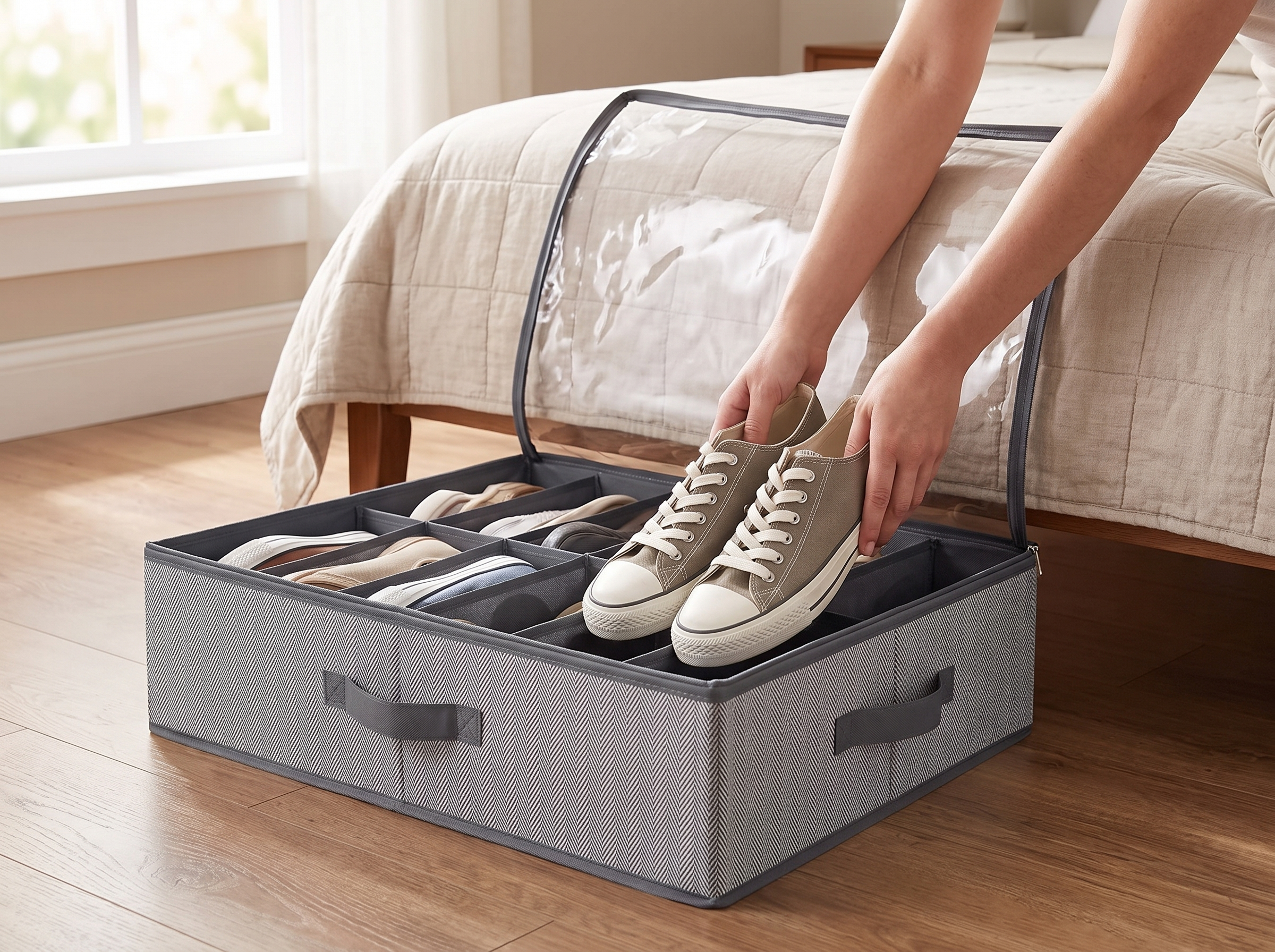 Under Bed Shoe Storage Organizer with Clear Window – Holds 12-16 Pairs shown in natural everyday use at home