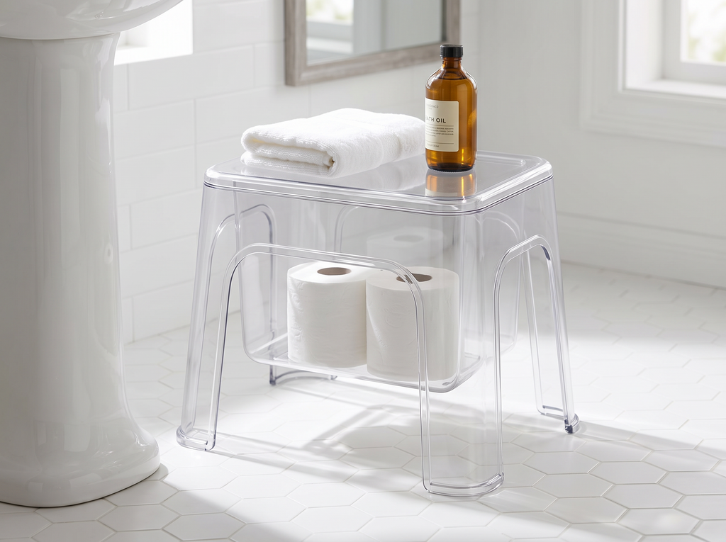 Clear Storage Step Stool with Lid for Laundry, Entryway, or Bathroom in a realistic home setting