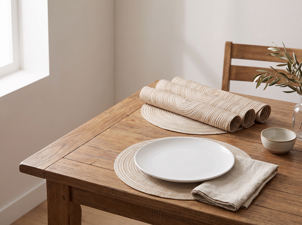Round Woven Placemats, Set of 4 – Neutral Braided Table Mats for Dining in a realistic home setting