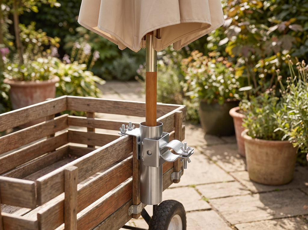 Clamp-On Metal Umbrella Holder for Outdoor Tables or Wagons in a realistic home setting