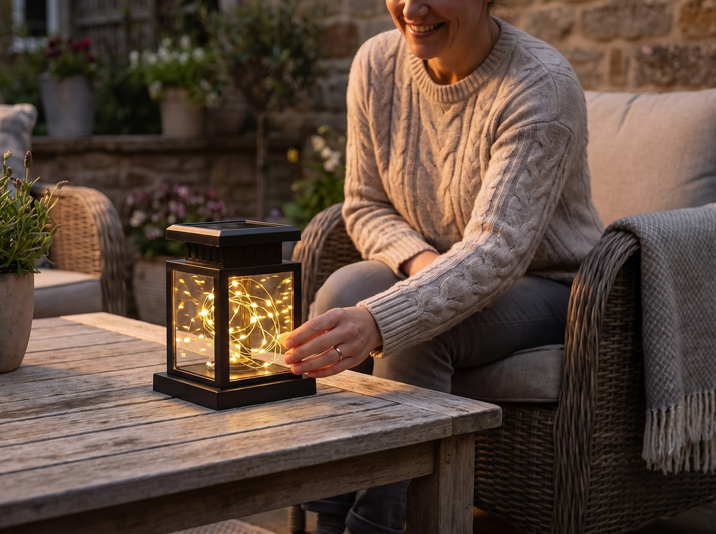 Solar-Powered Outdoor Lantern for Garden and Patio Ambiance shown in natural everyday use at home