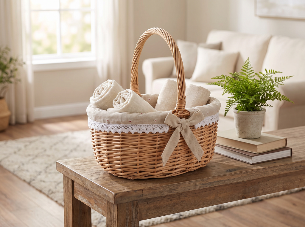 Handwoven Rattan Oval Storage Basket with Handle and Removable Liner in a realistic home setting