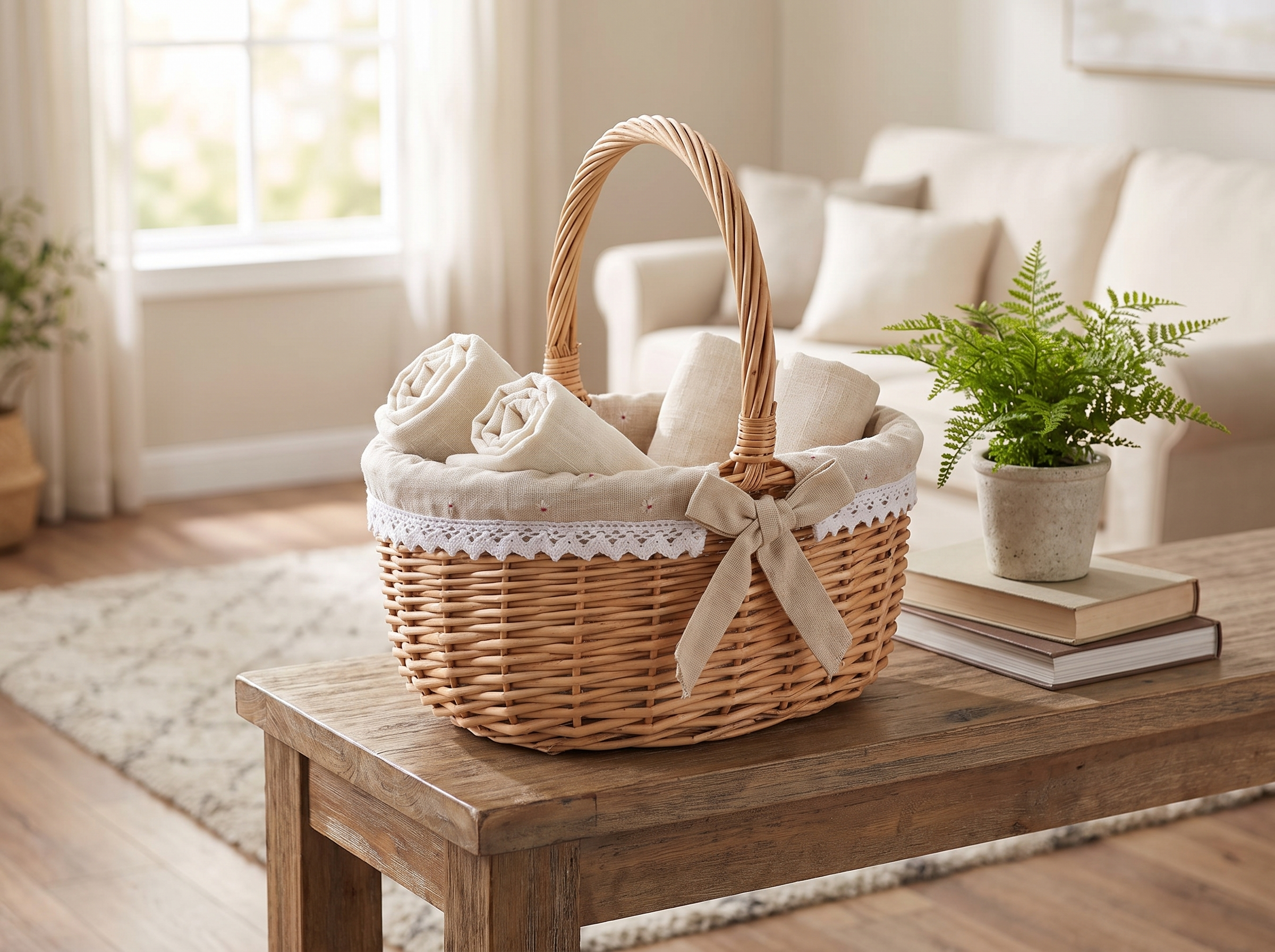 Handwoven Rattan Oval Storage Basket with Handle and Removable Liner in a realistic home setting