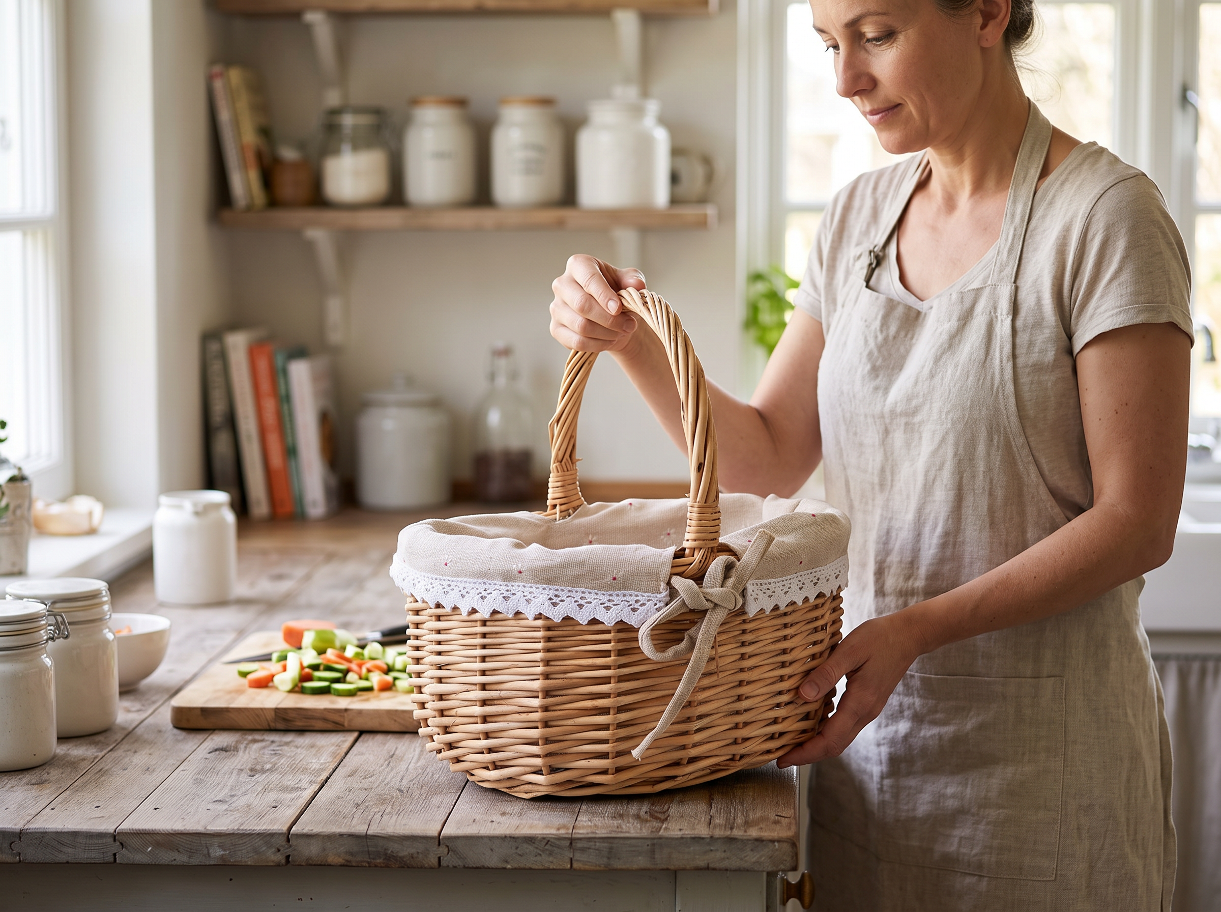 Handwoven Rattan Oval Storage Basket with Handle and Removable Liner shown in natural everyday use at home