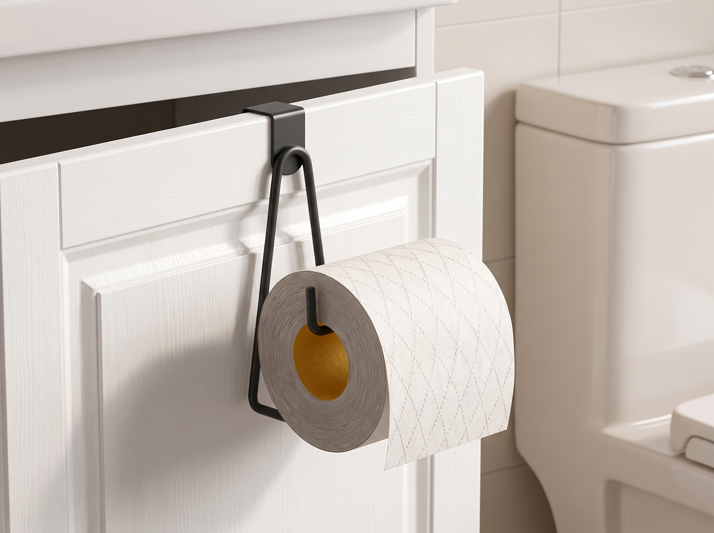 Over Cabinet Metal Toilet Paper Holder — No-Drill Space-Saving Hanger in a realistic home setting