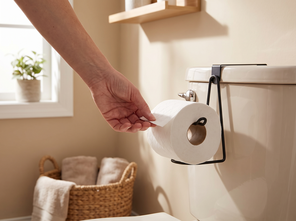 Over Cabinet Metal Toilet Paper Holder — No-Drill Space-Saving Hanger shown in natural everyday use at home