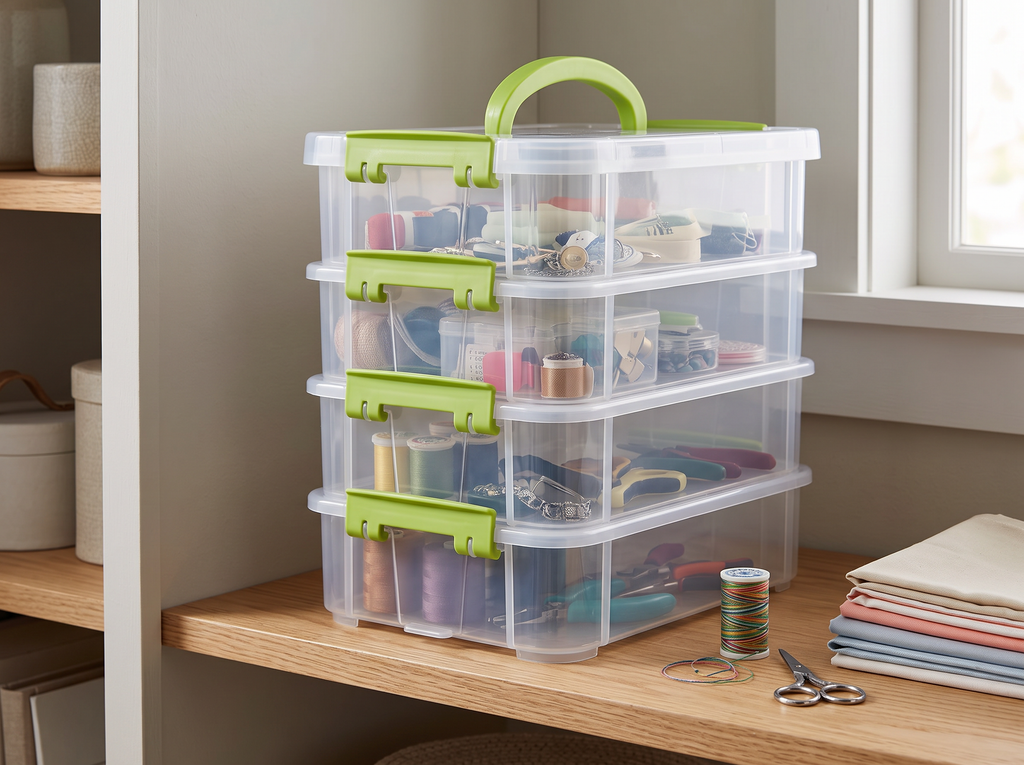 Stackable Transparent Storage Box with Handle for Home Organization in a realistic home setting