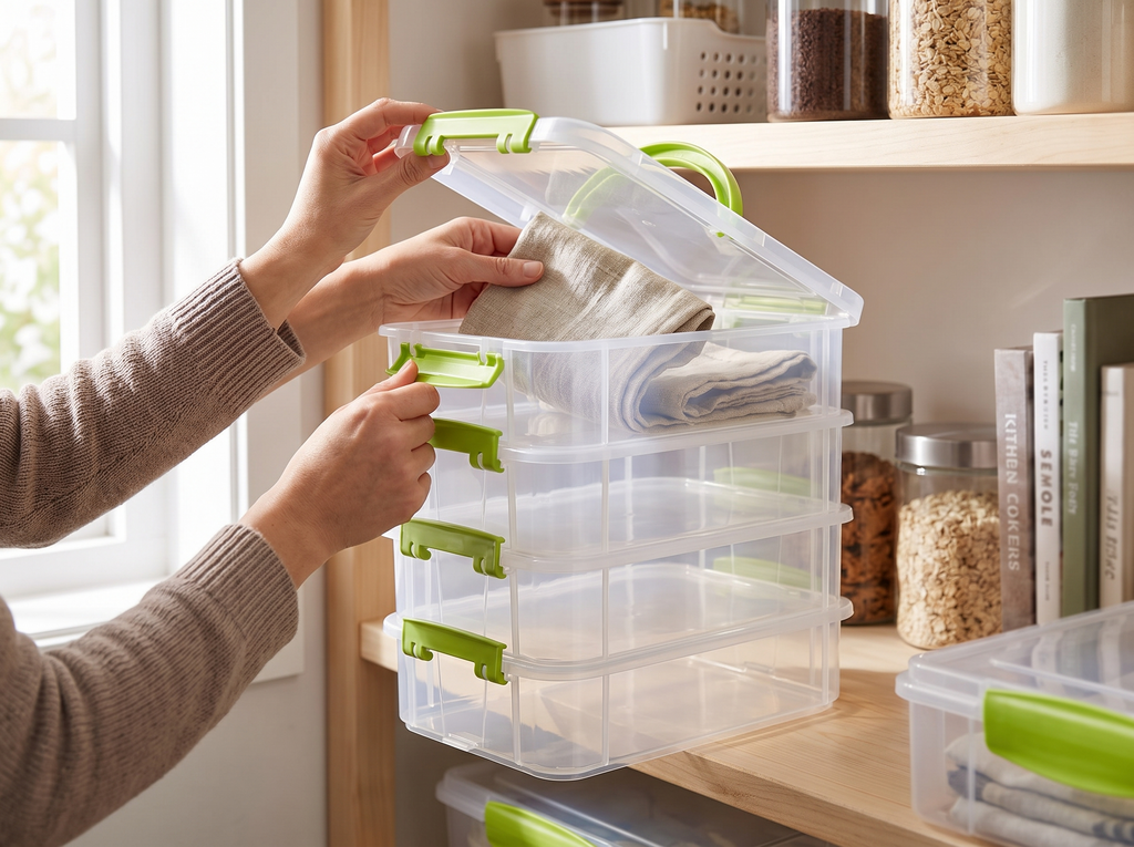 Stackable Transparent Storage Box with Handle for Home Organization shown in natural everyday use at home