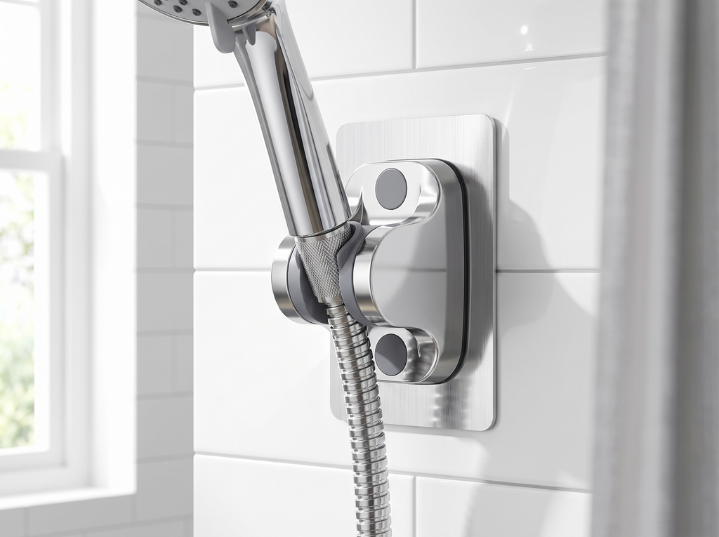 Self-Adhesive Adjustable Shower Head Holder for Bathroom Walls in a realistic home setting