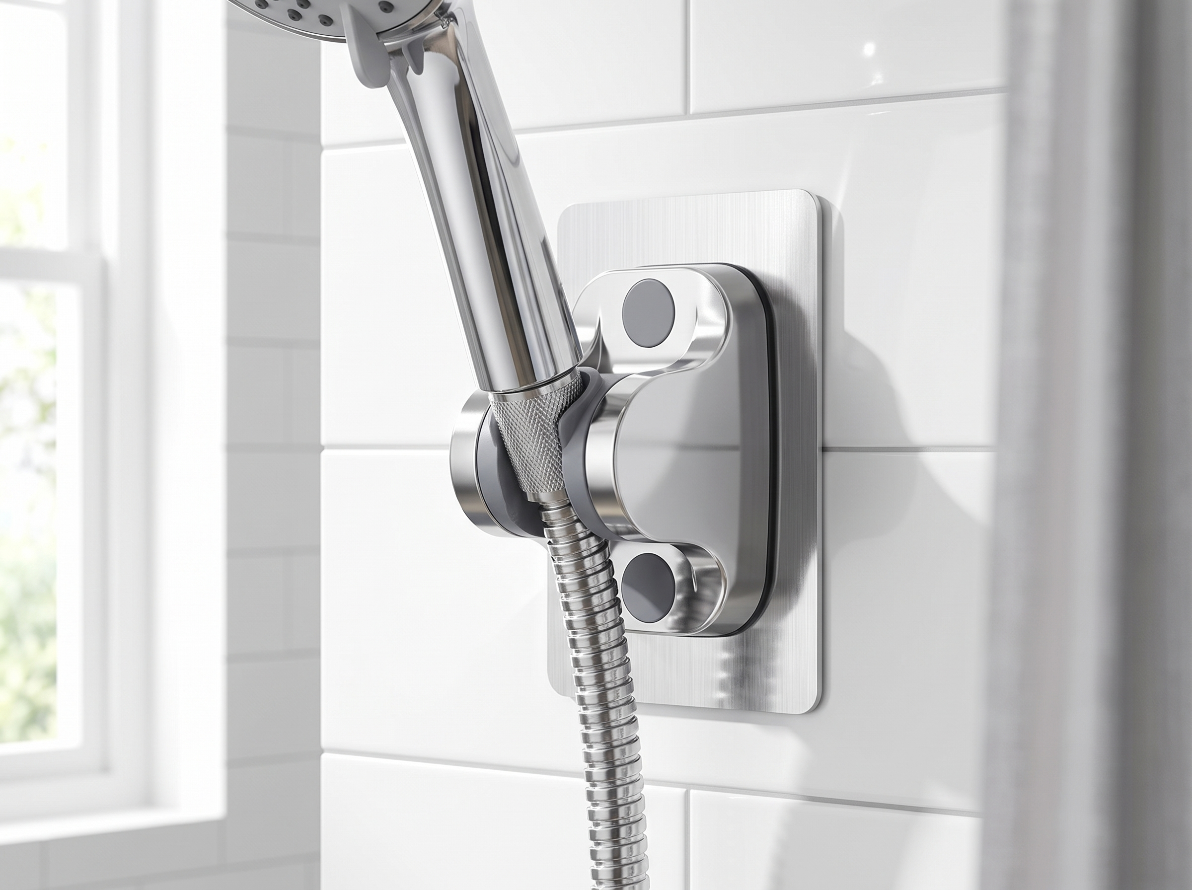 Self-Adhesive Adjustable Shower Head Holder for Bathroom Walls in a realistic home setting