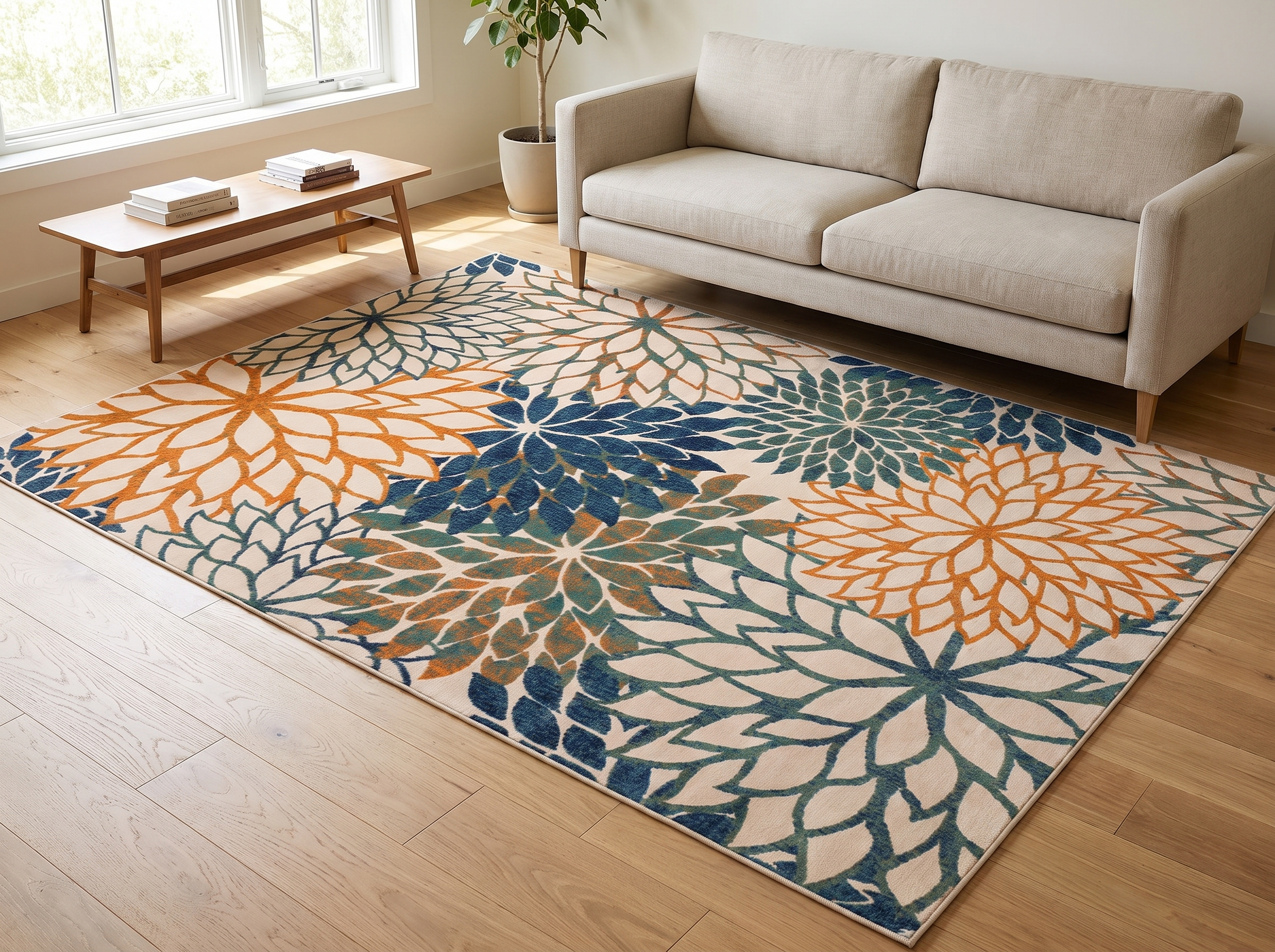 Botanical Non-Slip Area Rug for Living Room, Bedroom, or Patio in a realistic home setting