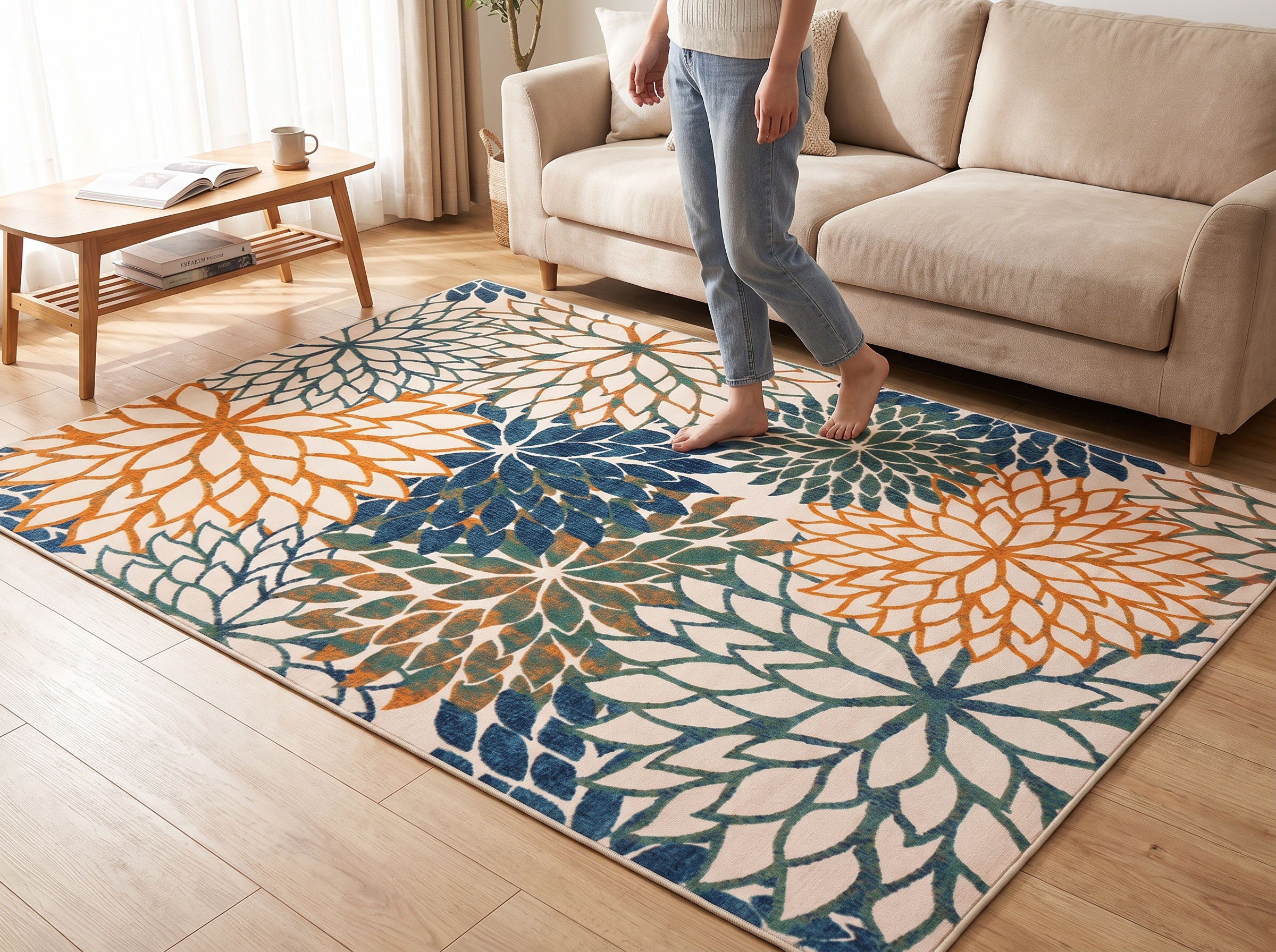 Botanical Non-Slip Area Rug for Living Room, Bedroom, or Patio shown in natural everyday use at home