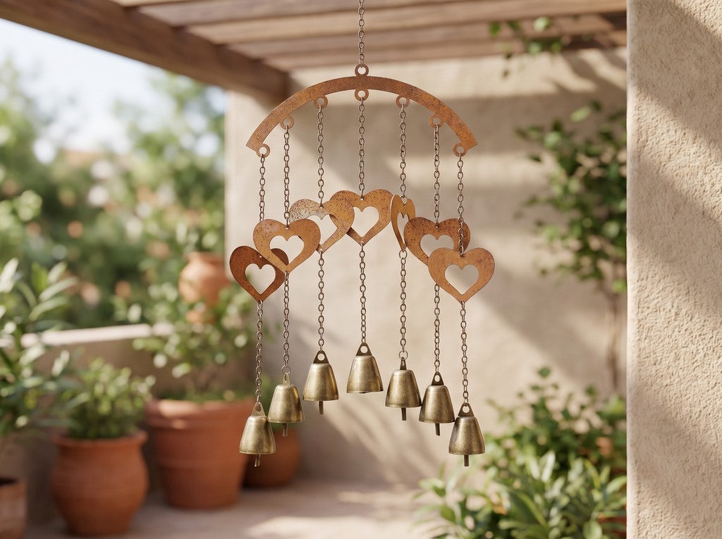 Metal Hanging Wind Chime for Garden or Balcony, Heart or Star Design in a realistic home setting