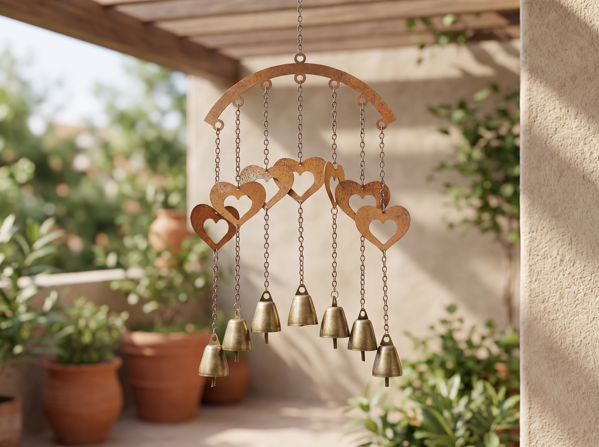 Metal Hanging Wind Chime for Garden or Balcony, Heart or Star Design in a realistic home setting