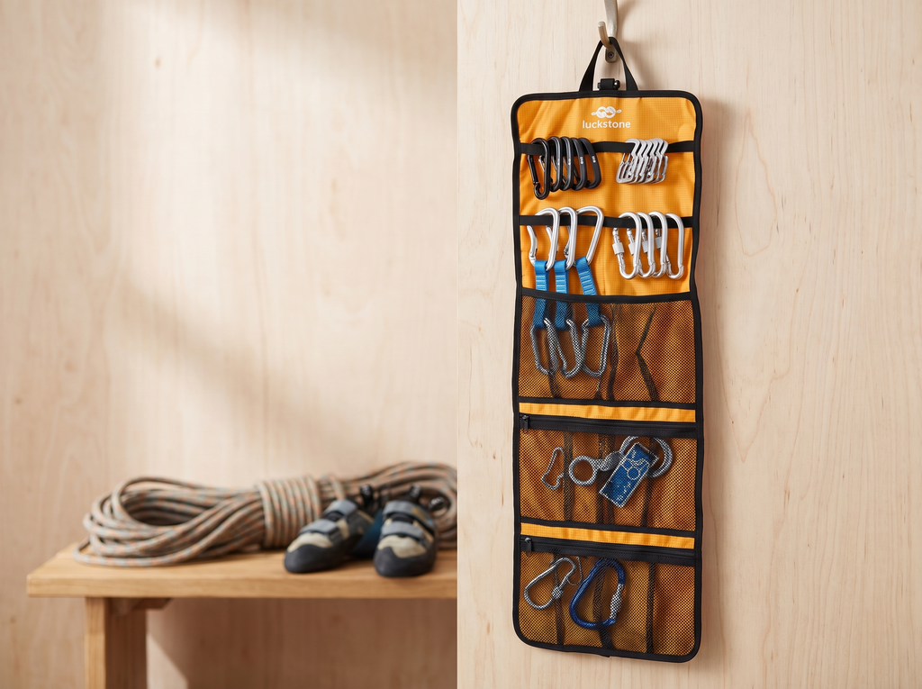 Foldable Climbing Gear Organizer Roll for Carabiners and Tools in a realistic home setting