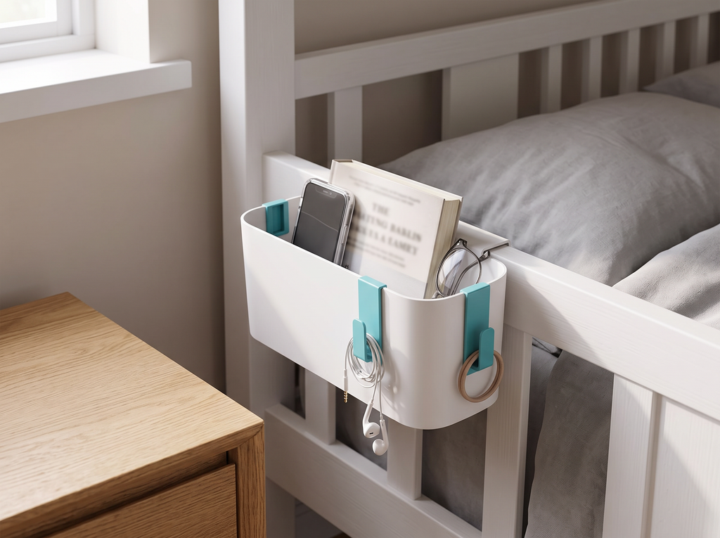 Bedside Hanging Storage Caddy with Removable Hooks in a realistic home setting