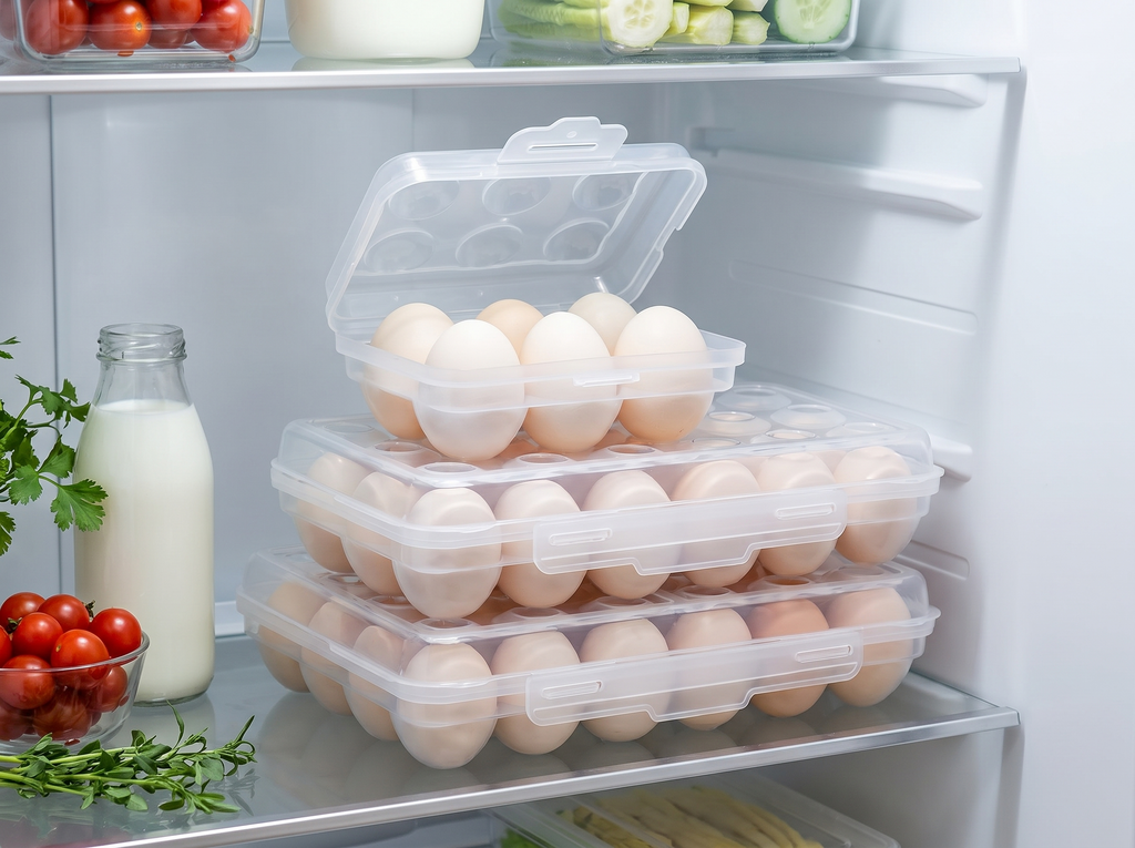 Plastic Stackable Egg Holder with Lid for Fridge or Travel in a realistic home setting