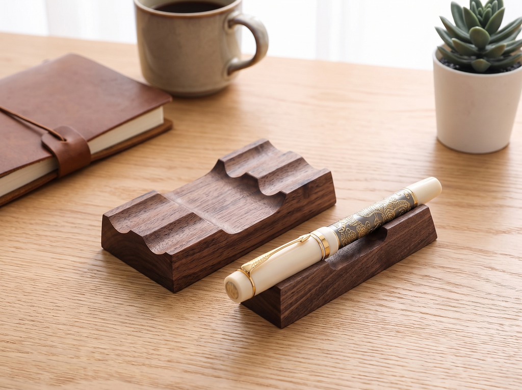 Walnut Wood Pen Holder Stand for Desk Organization in a realistic home setting