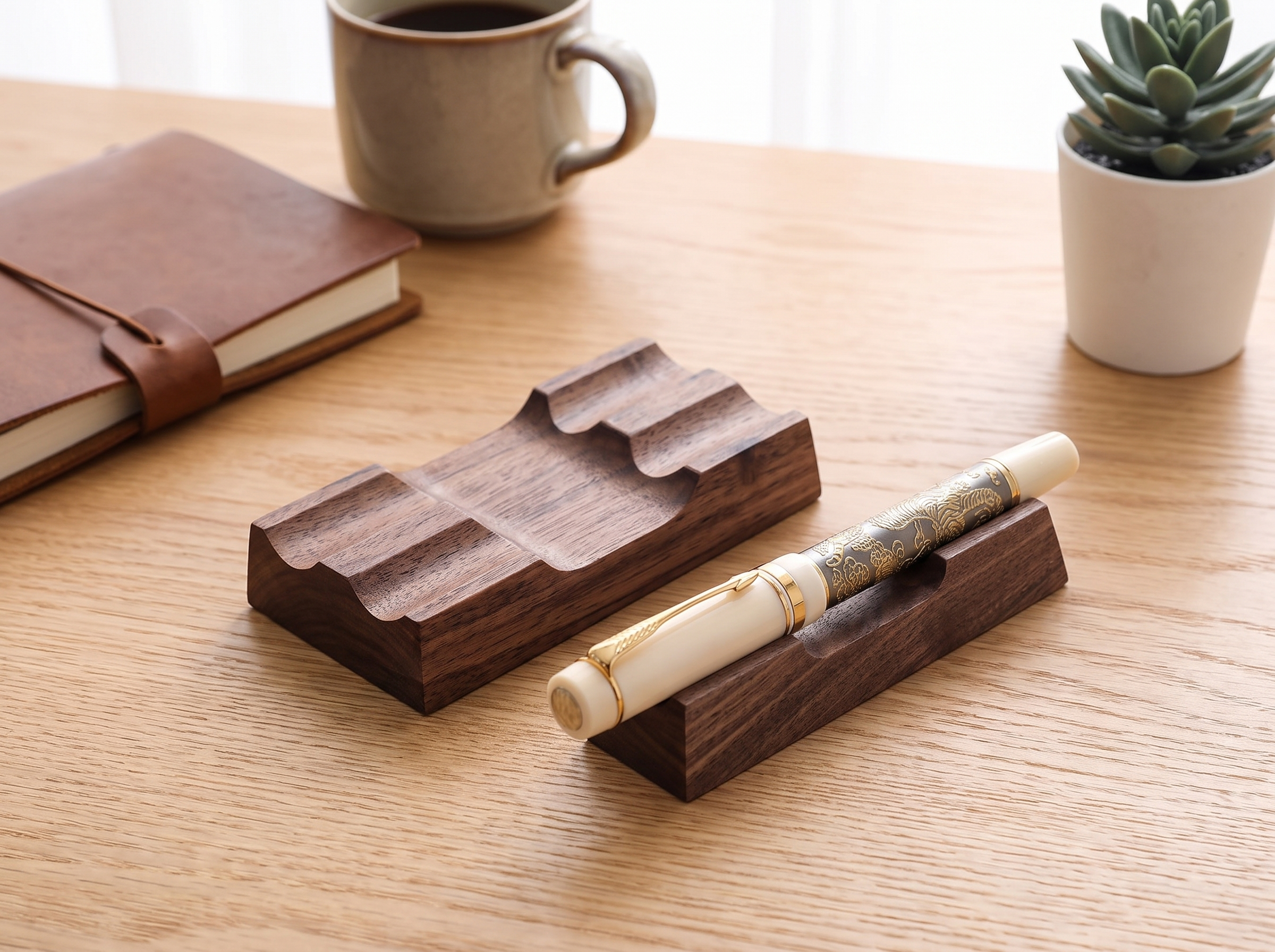 Walnut Wood Pen Holder Stand for Desk Organization in a realistic home setting